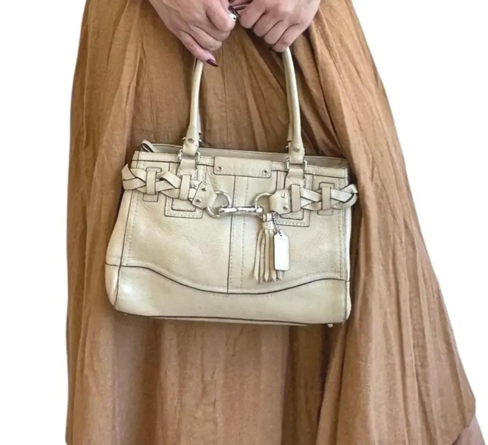 Vintage Coach Legacy Leather Satchel Tote Beige Woven Belt  Tassel Charm Y2K